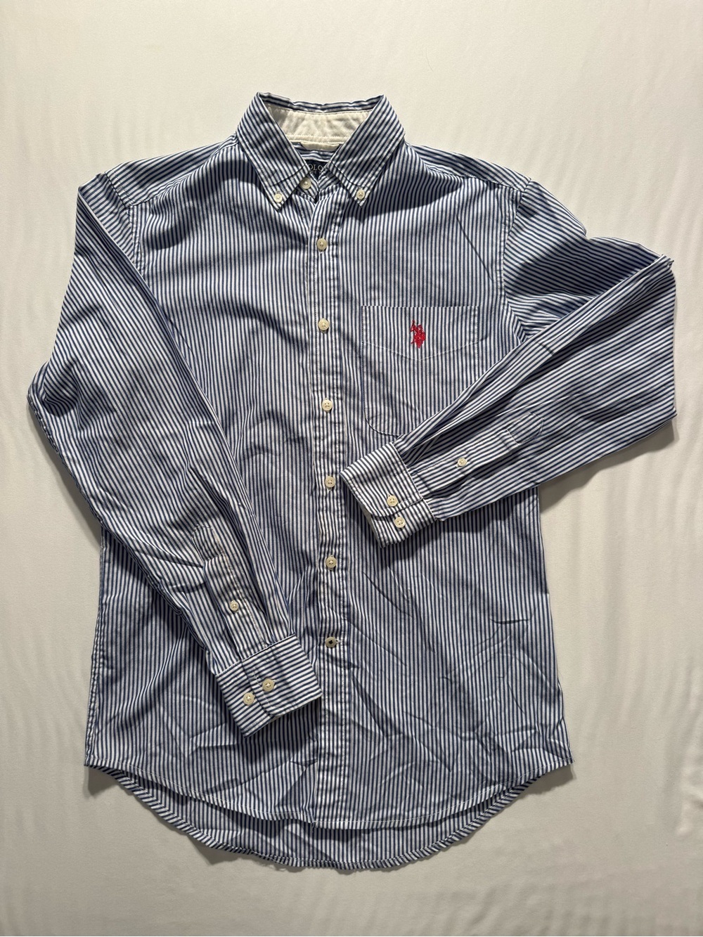 U.S. Polo Assn. Blue and White Striped Button-Down Shirt with Red Logo